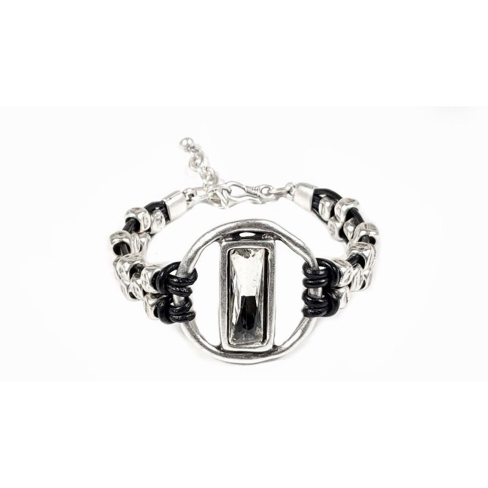 Boho Chanour Pewter Smoked Crystal Leather Bracelet